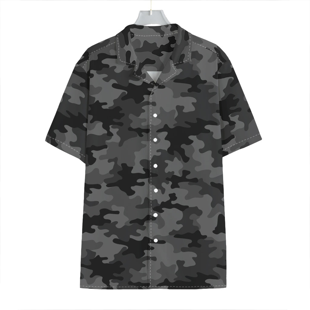 Black And Grey Camouflage Print Hawaiian Shirt
