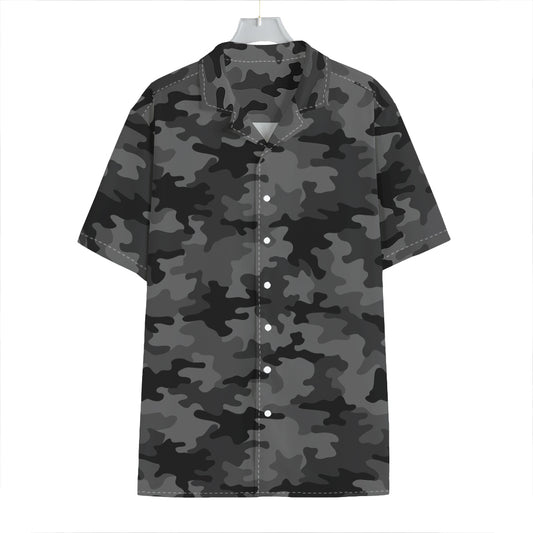 Black And Grey Camouflage Print Hawaiian Shirt