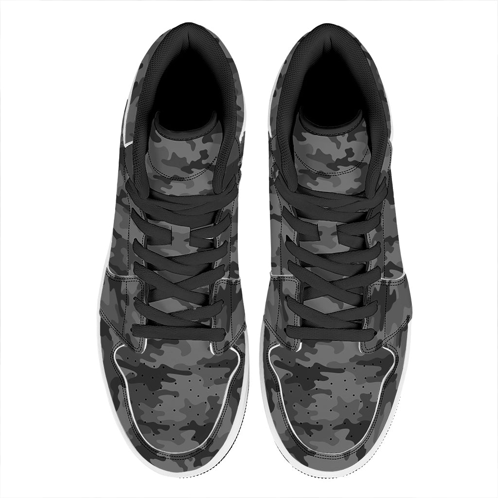 Black And Grey Camouflage Print High Top Leather Sneakers