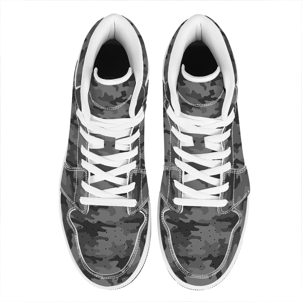 Black And Grey Camouflage Print High Top Leather Sneakers