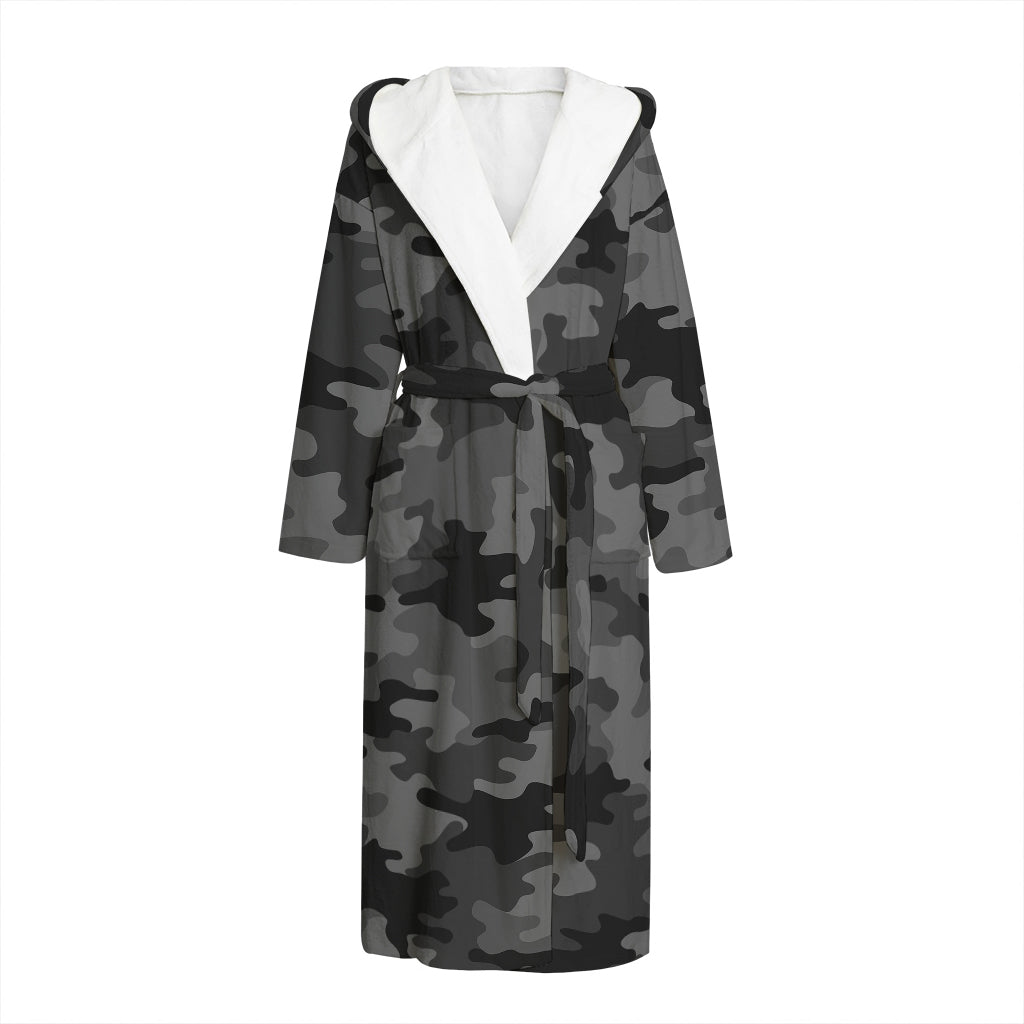 Black And Grey Camouflage Print Hooded Bathrobe