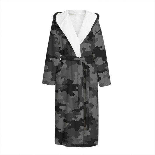 Black And Grey Camouflage Print Hooded Bathrobe