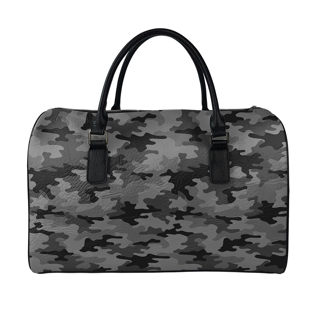 Black And Grey Camouflage Print Leather Duffle Bag