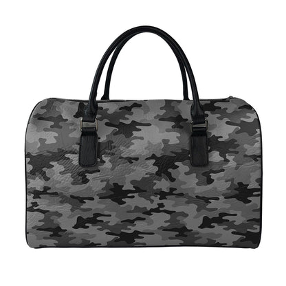 Black And Grey Camouflage Print Leather Duffle Bag