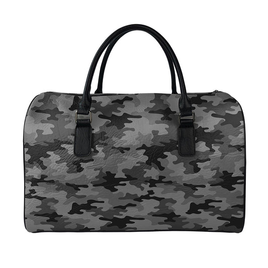 Black And Grey Camouflage Print Leather Duffle Bag