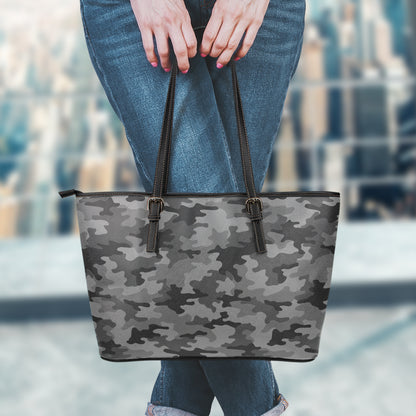 Black And Grey Camouflage Print Leather Tote Bag
