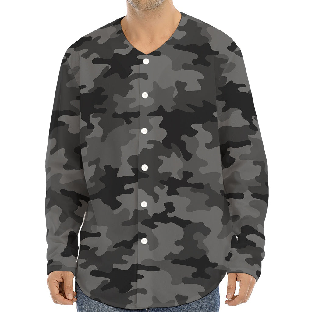 Black And Grey Camouflage Print Long Sleeve Baseball Jersey