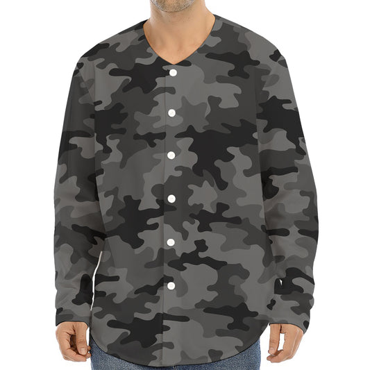 Black And Grey Camouflage Print Long Sleeve Baseball Jersey