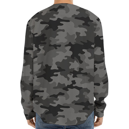 Black And Grey Camouflage Print Long Sleeve Baseball Jersey