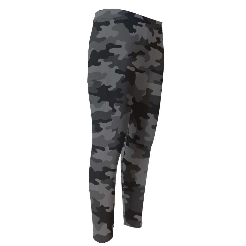 Black And Grey Camouflage Print Men's Compression Pants