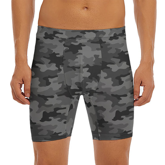 Black And Grey Camouflage Print Men's Long Boxer Briefs