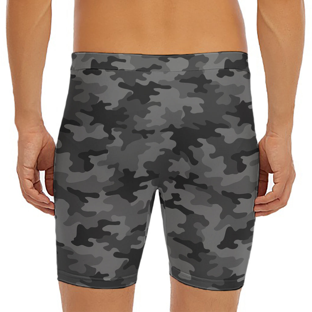 Black And Grey Camouflage Print Men's Long Boxer Briefs