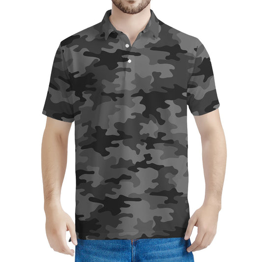 Black And Grey Camouflage Print Men's Polo Shirt