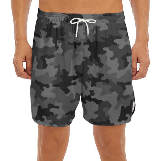 Black And Grey Camouflage Print Men's Split Running Shorts