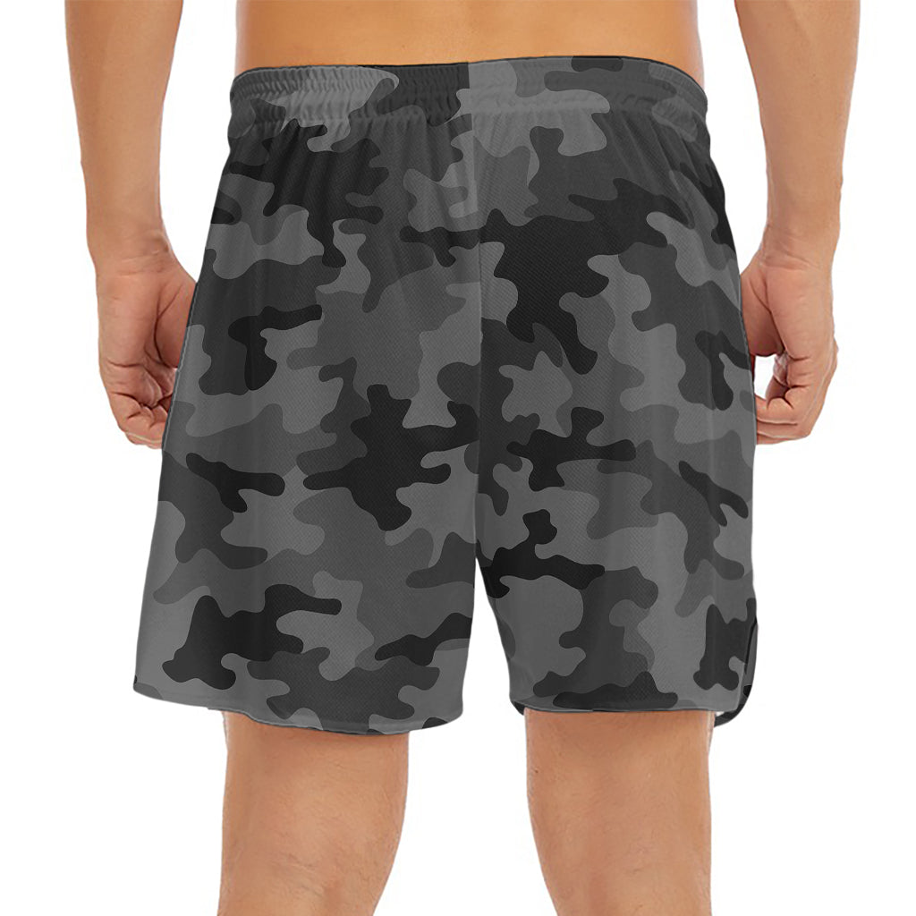 Black And Grey Camouflage Print Men's Split Running Shorts