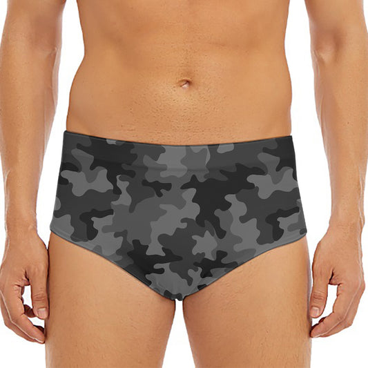 Black And Grey Camouflage Print Men's Triangle Swim Briefs