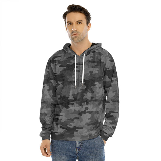 Black And Grey Camouflage Print Men's Velvet Pullover Hoodie