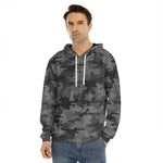 Black And Grey Camouflage Print Men's Velvet Pullover Hoodie