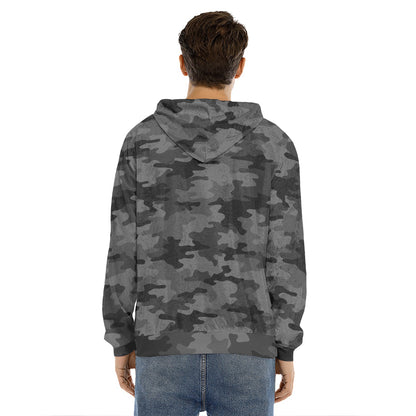 Black And Grey Camouflage Print Men's Velvet Pullover Hoodie