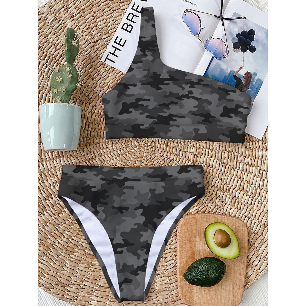 Black And Grey Camouflage Print One Shoulder Bikini Top