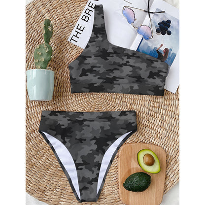 Black And Grey Camouflage Print One Shoulder Bikini Top