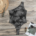 Black And Grey Camouflage Print One Shoulder Bodysuit