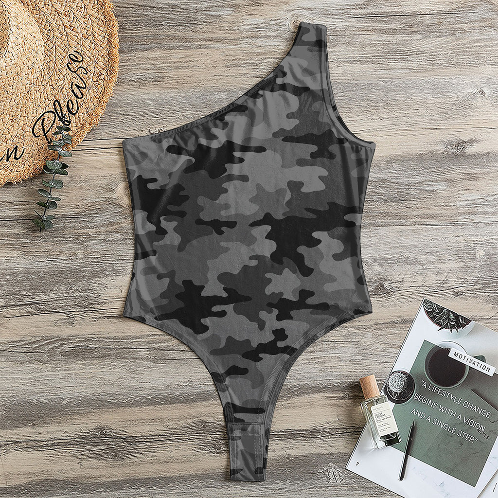 Black And Grey Camouflage Print One Shoulder Bodysuit