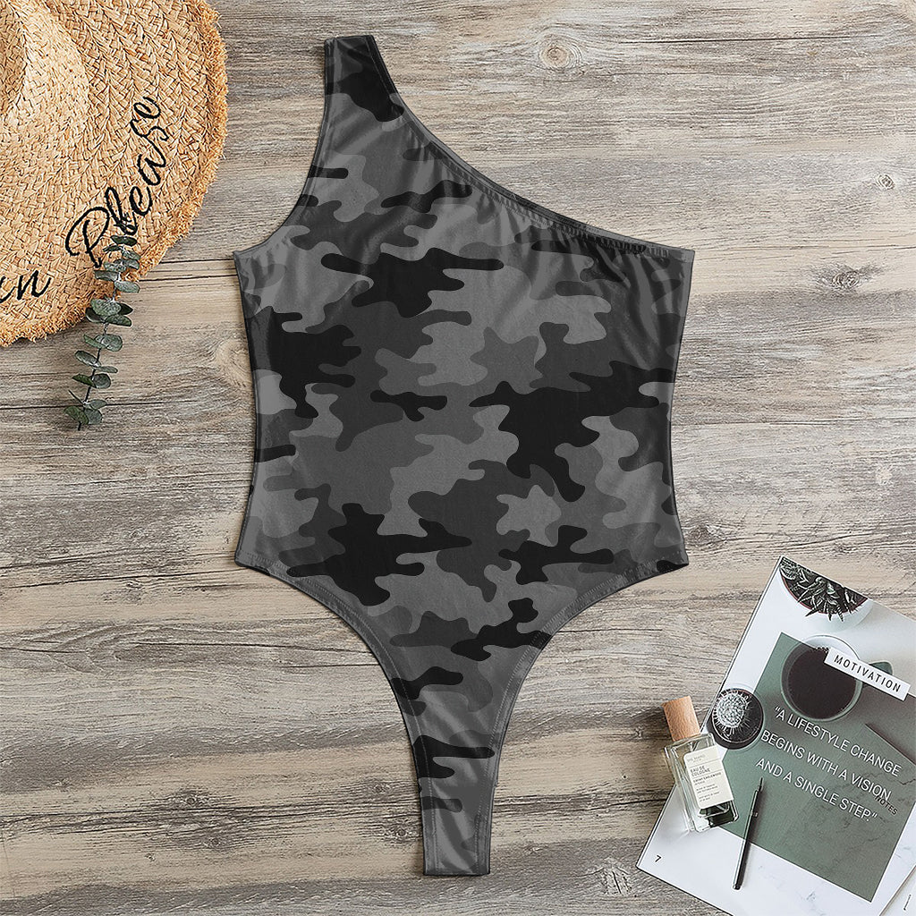 Black And Grey Camouflage Print One Shoulder Bodysuit