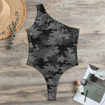Black And Grey Camouflage Print One Shoulder Bodysuit