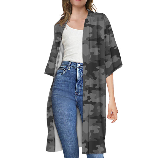 Black And Grey Camouflage Print Open Front Beach Cover Up
