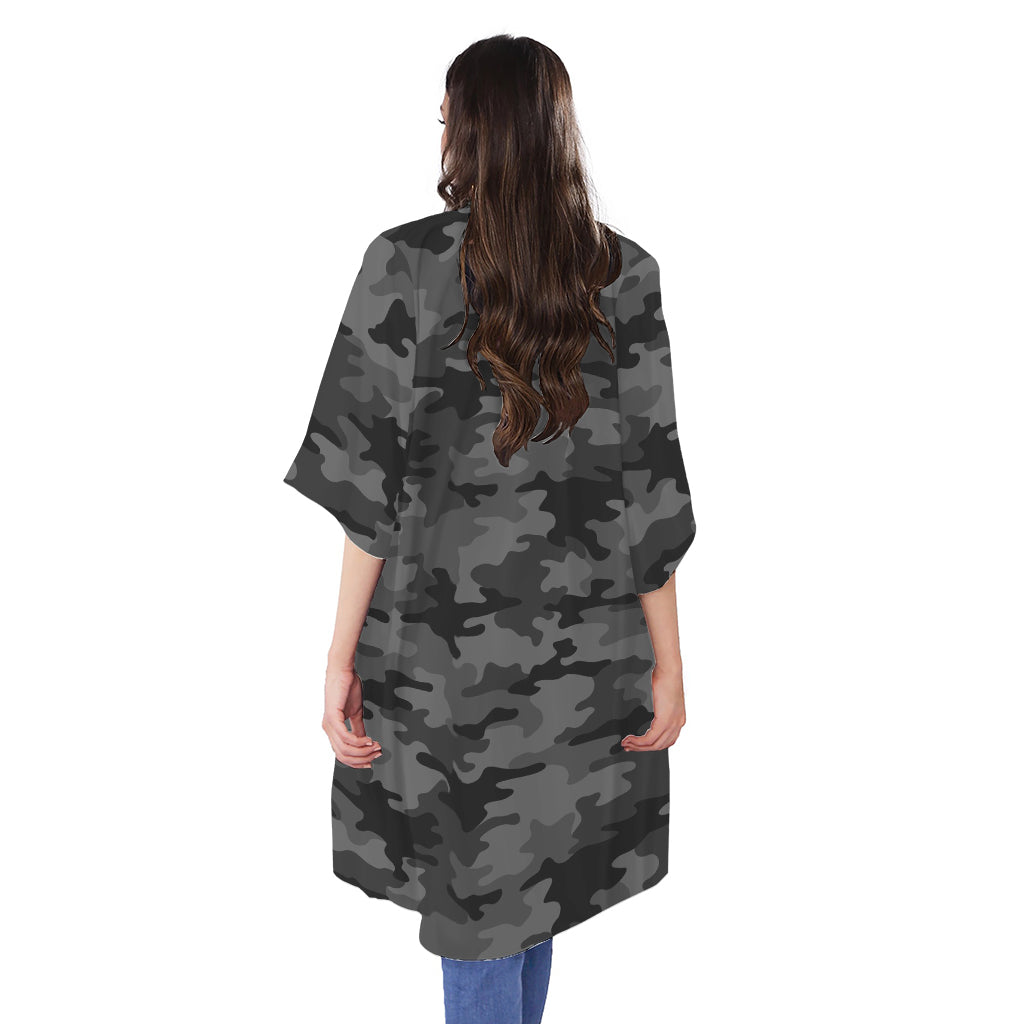 Black And Grey Camouflage Print Open Front Beach Cover Up