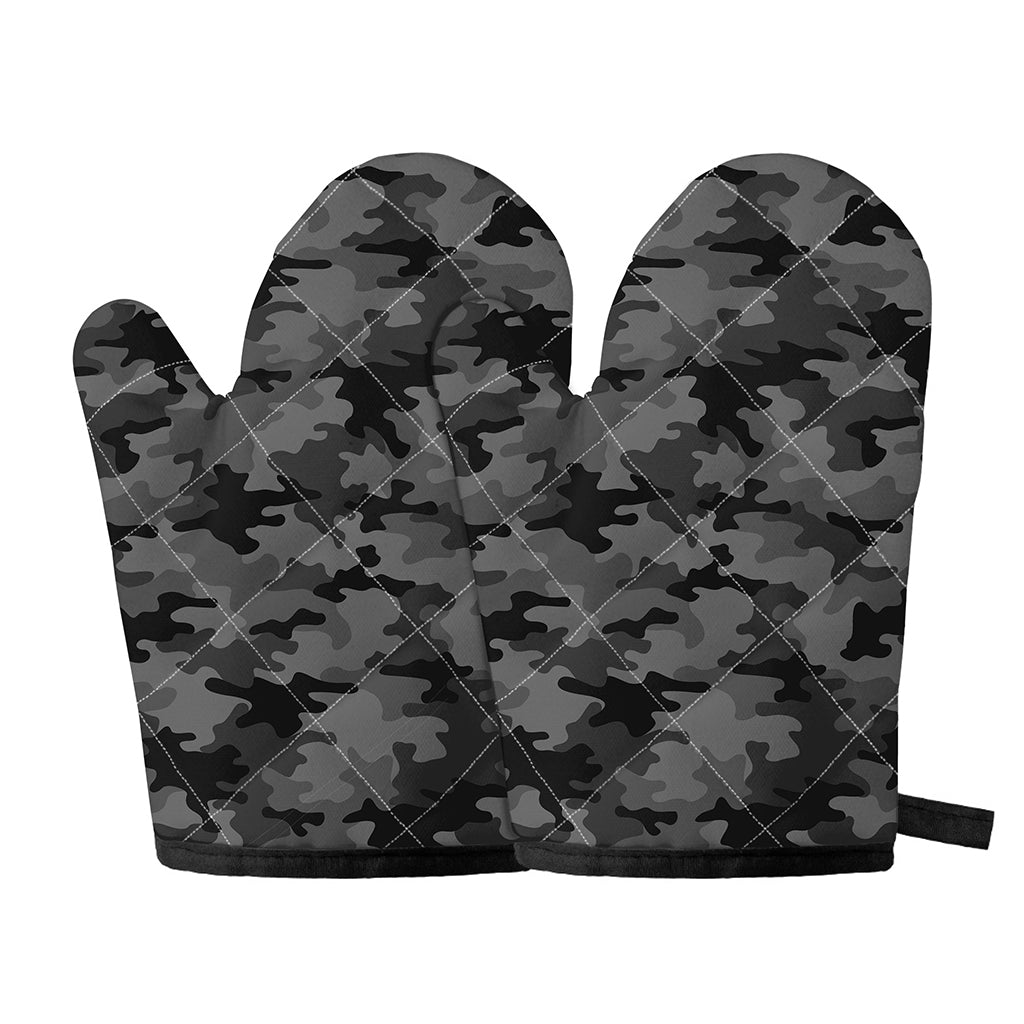 Black And Grey Camouflage Print Oven Mitts