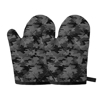 Black And Grey Camouflage Print Oven Mitts