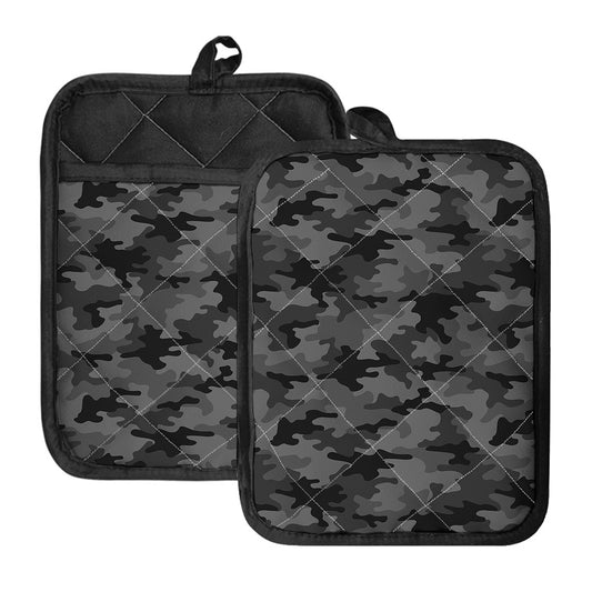 Black And Grey Camouflage Print Pot Holders With Pocket