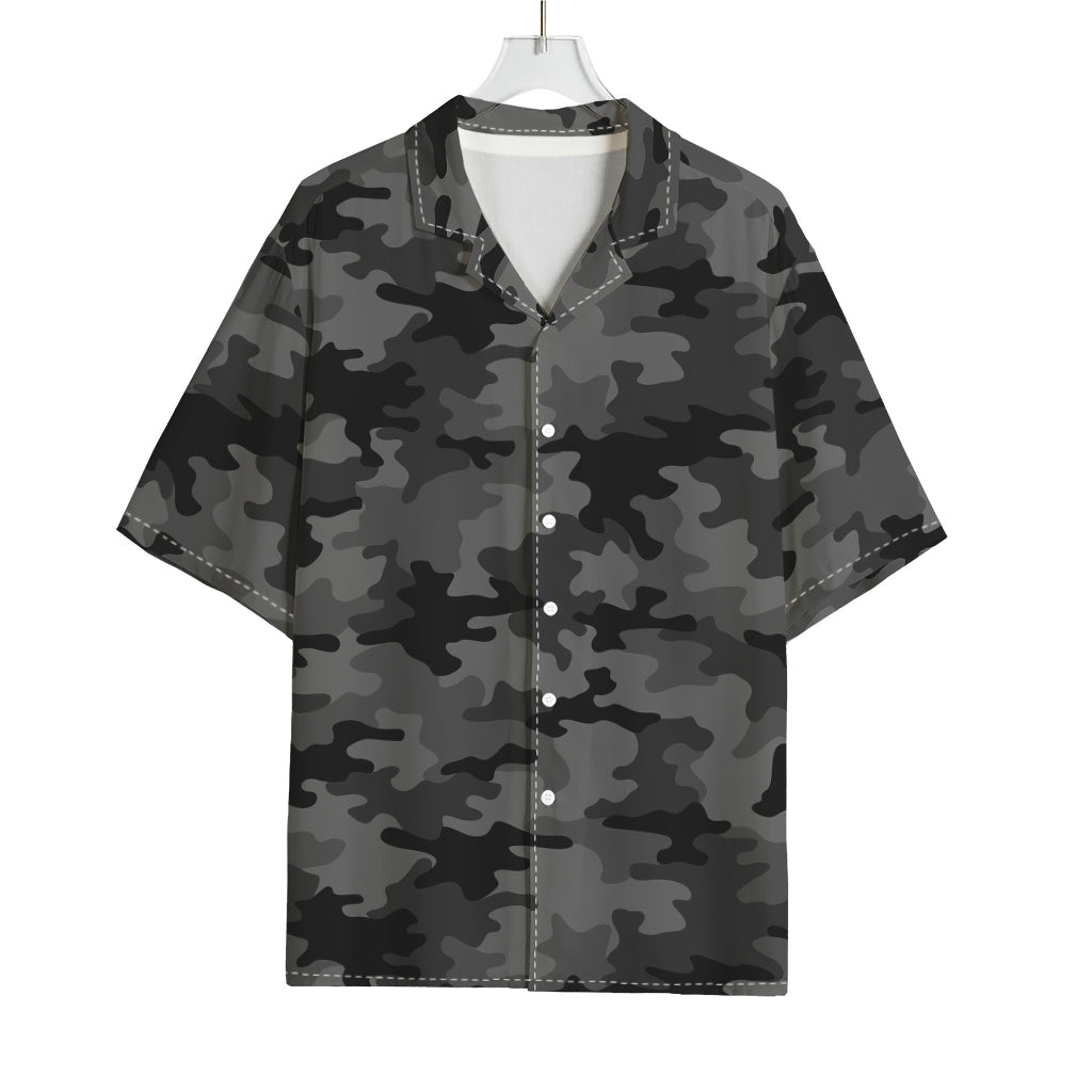 Black And Grey Camouflage Print Rayon Hawaiian Shirt