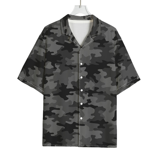 Black And Grey Camouflage Print Rayon Hawaiian Shirt