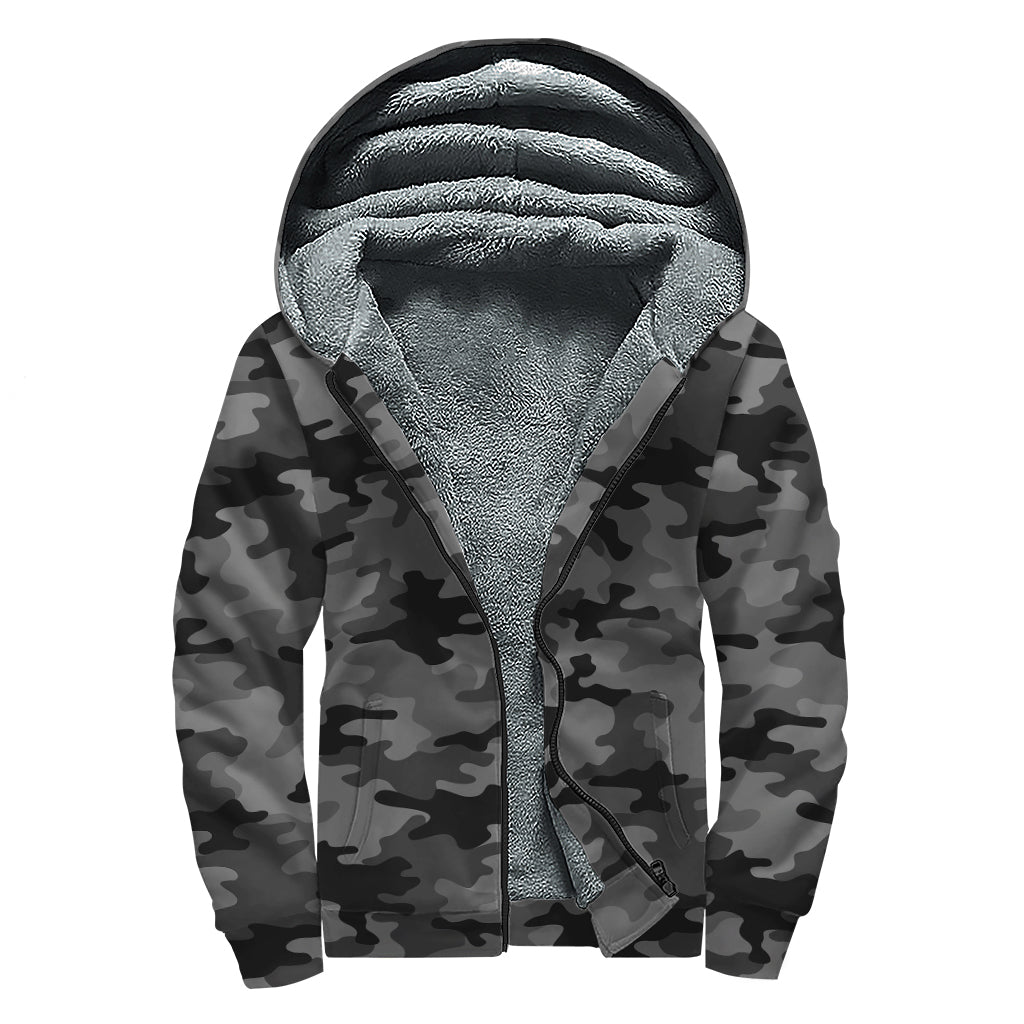 Black And Grey Camouflage Print Sherpa Lined Zip Up Hoodie