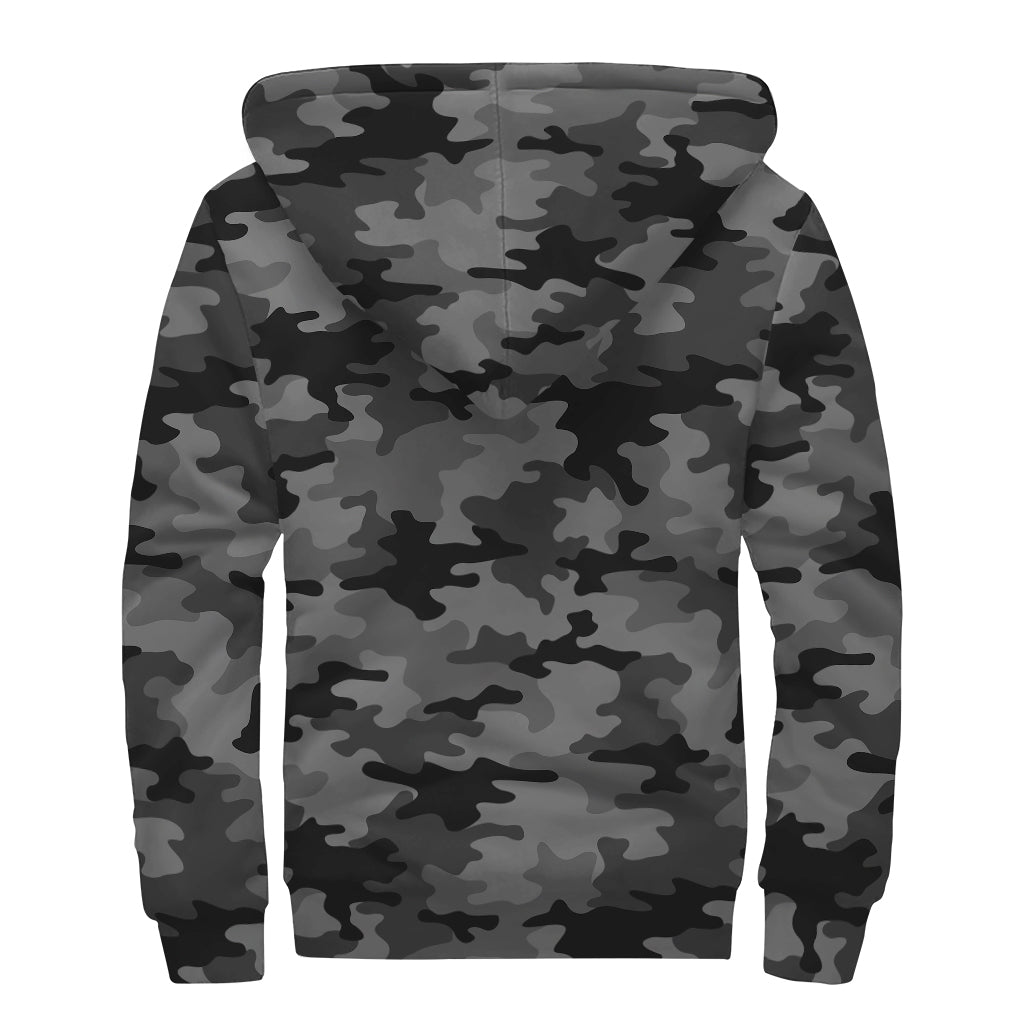 Black And Grey Camouflage Print Sherpa Lined Zip Up Hoodie