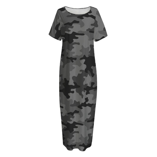 Black And Grey Camouflage Print Short Sleeve Long Nightdress