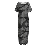 Black And Grey Camouflage Print Short Sleeve Long Nightdress