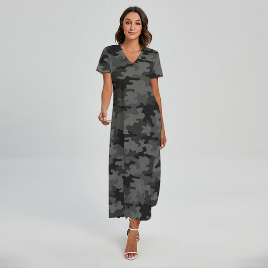 Black And Grey Camouflage Print Short Sleeve Maxi Dress