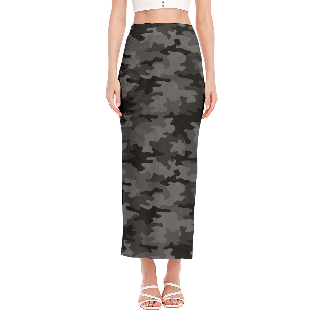 Black And Grey Camouflage Print Side Slit Maxi Skirt