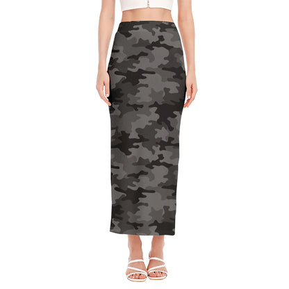 Black And Grey Camouflage Print Side Slit Maxi Skirt
