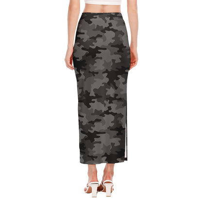 Black And Grey Camouflage Print Side Slit Maxi Skirt