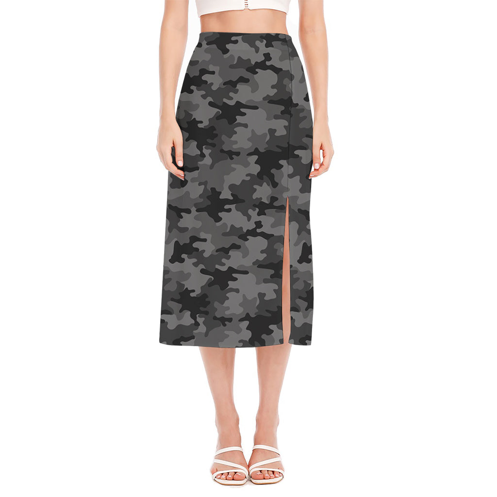Black And Grey Camouflage Print Side Slit Midi Skirt