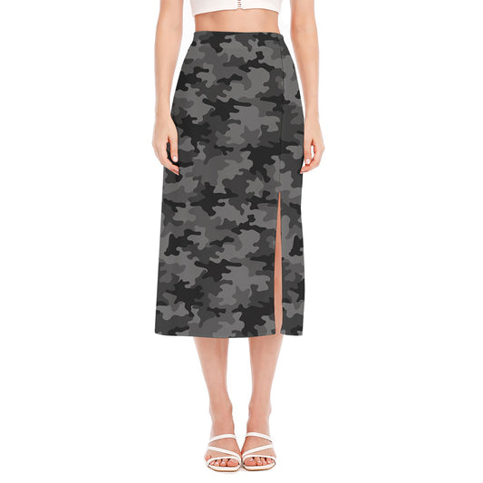 Black And Grey Camouflage Print Side Slit Midi Skirt