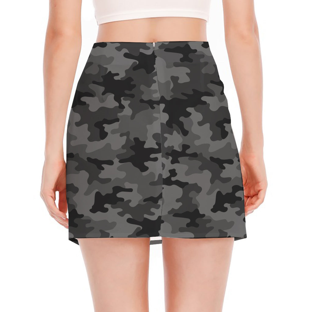 Black And Grey Camouflage Print Side Slit Mini Skirt