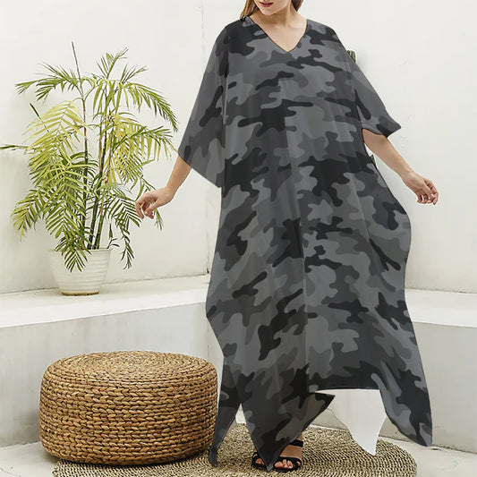 Black And Grey Camouflage Print Silk V-Neck Kaftan Dress