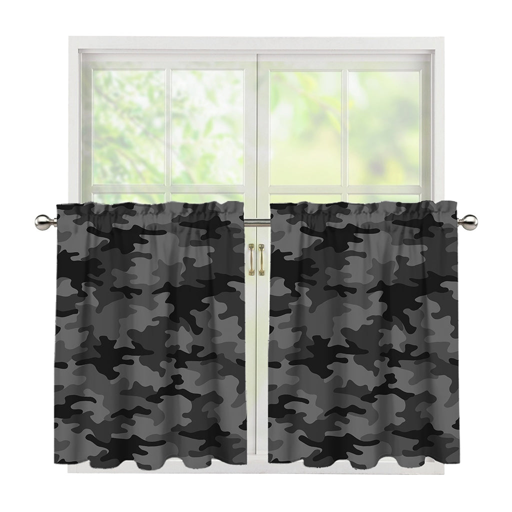 Black And Grey Camouflage Print Tier Curtains