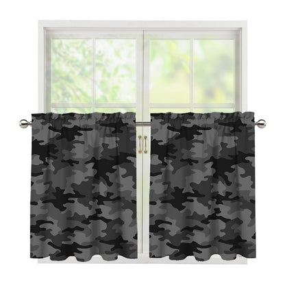 Black And Grey Camouflage Print Tier Curtains